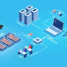 Piotr Ozga - Ilustracja schematu działania systemu do monitoringu i analizy danych o hodowli krewetek, obejmującego rejestrację zdjęć, bazę danych, aplikację centralną, uczenie maszynowe i analizę dobrostanu.