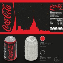 Piotr Ozga - Grafika promocyjna Coca-Coli Zero: puszka napoju z kroplami wody, model 3D puszki w siatce, paleta kolorów Coke Red i Black, oraz w tle czerwona panorama Warszawy na czarnym tle z geometrycznymi...