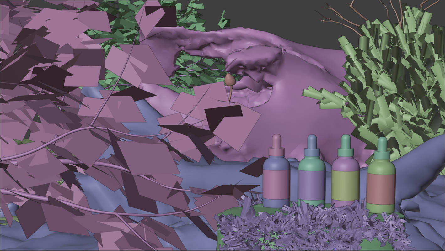 Wizualizacja 3D serii butelek z pipetami w pastelowych kolorach, umieszczonych na tle stylizowanego krajobrazu z geometrycznymi liśćmi i formacjami skalnymi.
