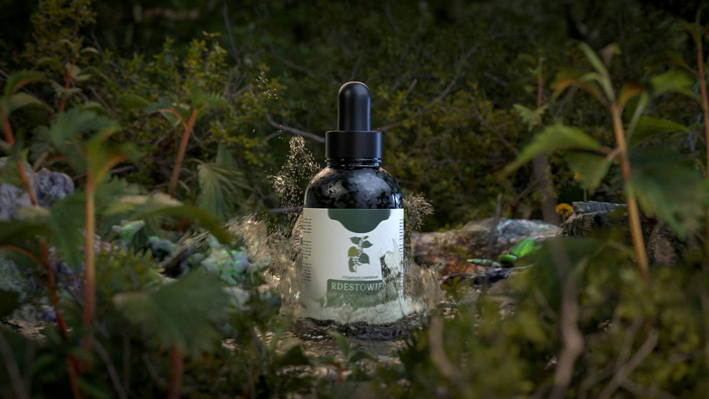 Butelka z pipetą, prawdopodobnie serum lub olejek, z etykietą z nazwą 'RDESTOWIF' w otoczeniu zieleni i wody, sfotografowana w Warszawie.