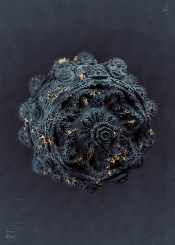 Abstrakcyjna, trójwymiarowa kula z misternymi wzorami i złotymi akcentami na ciemnym tle, przypominająca fraktal.