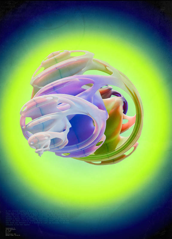 Abstrakcyjna, trójwymiarowa grafika przedstawiająca wielobarwną, spiralną strukturę o organicznych kształtach na tle gradientu od neonowej zieleni do ciemnego fioletu.