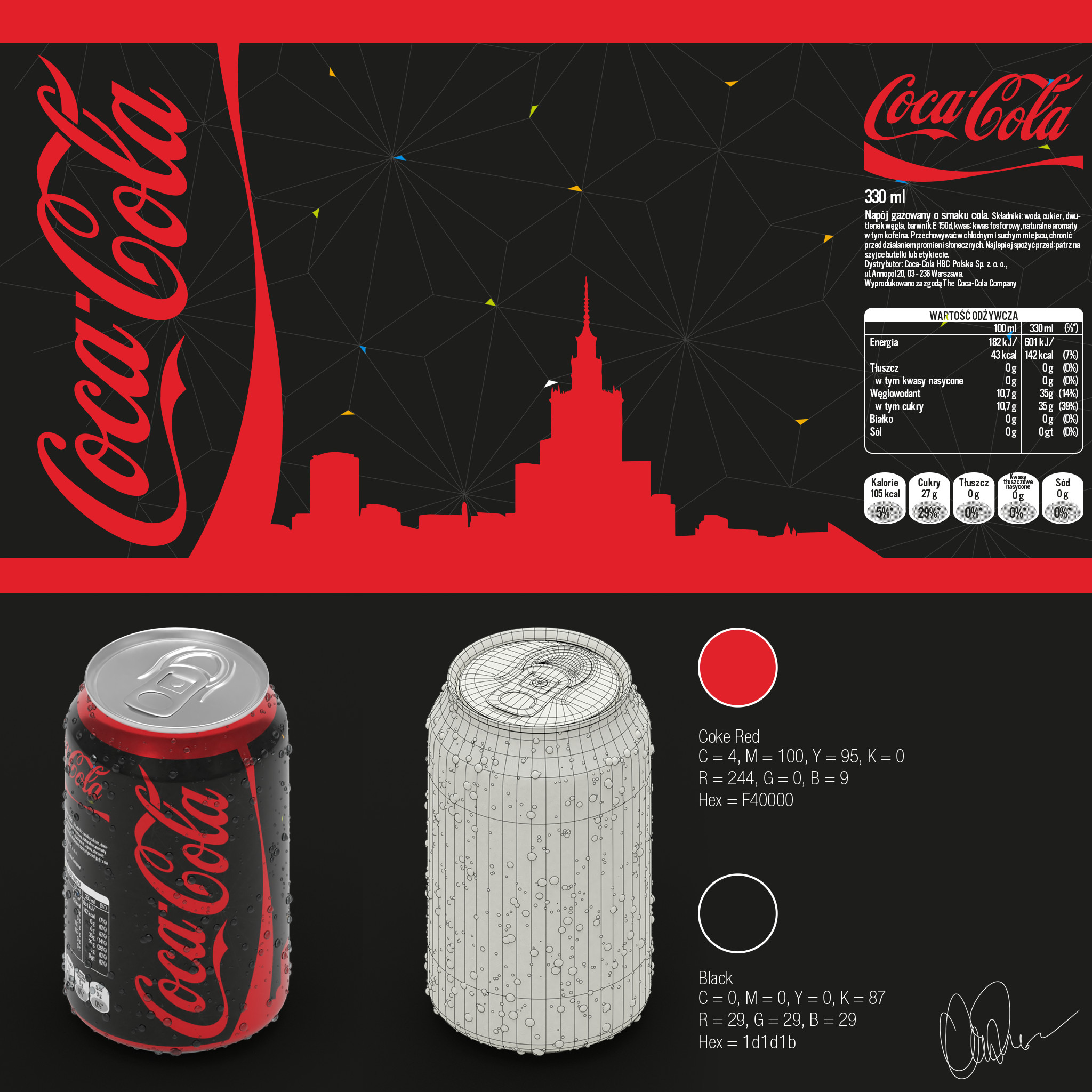 Grafika promocyjna Coca-Coli Zero: puszka napoju z kroplami wody, model 3D puszki w siatce, paleta kolorów Coke Red i Black, oraz w tle czerwona panorama Warszawy na czarnym tle z geometrycznymi...