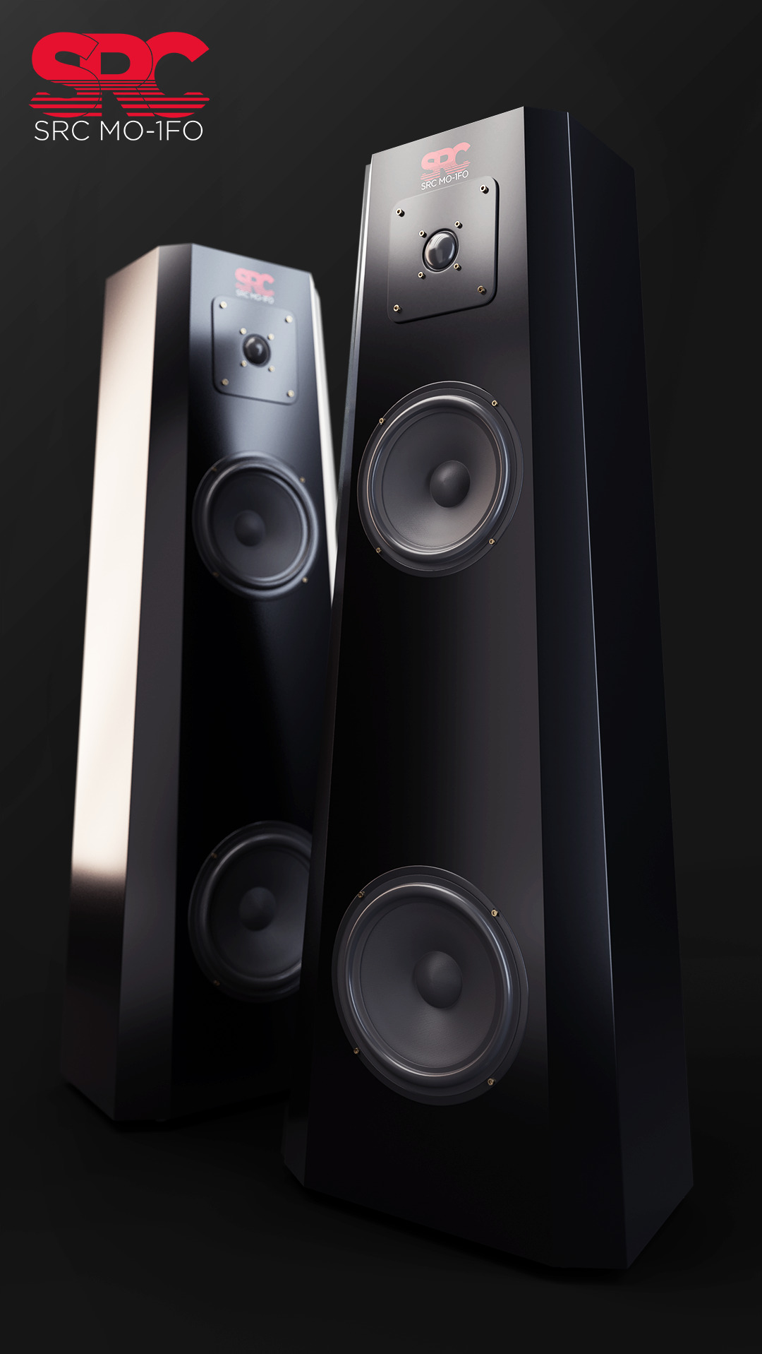 Dwa czarne, błyszczące głośniki podłogowe SRC MO-1FO na ciemnym tle, z widocznymi membranami i portami wysokotonowymi.
