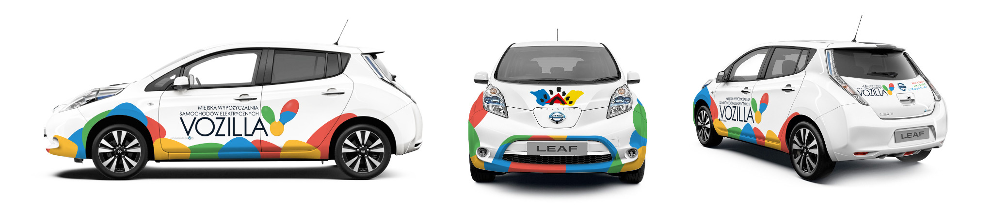 Trzy ujęcia białego samochodu elektrycznego Nissan Leaf z kolorowym oklejeniem VOZILLA, miejskiej wypożyczalni samochodów elektrycznych.