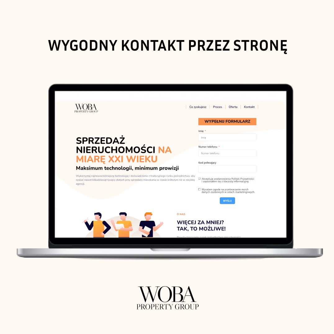 Ekran laptopa prezentujący stronę internetową agencji nieruchomości WOBA Property Group z formularzem kontaktowym i hasłem 'Sprzedaż nieruchomości na miarę XXI wieku'.