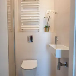 Nowoczesna łazienka z wiszącą toaletą, umywalką nablatową, grzejnikiem drabinkowym i kabiną prysznicową, całość utrzymana w jasnej kolorystyce z drewnopodobną podłogą i orchideą w złotej doniczce.