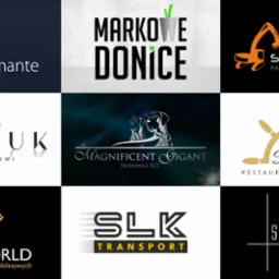 Kompilacja dziewięciu różnych projektów logo: e-diamante z geometrycznymi kształtami, Markowe Donice z rośliną w doniczce, Stakopbud z dźwigiem, Daria Moniuk z eleganckim fontem, Magnificent Gigant...