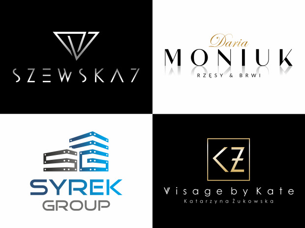 Kompozycja czterech różnych projektów logo: minimalistyczny srebrny znak geometryczny, elegancki napis z cieniami, budynki w stylu korporacyjnym i złota ramka z inicjałami.
