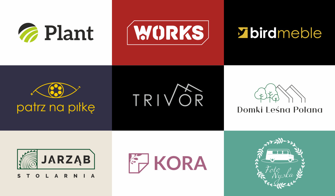 Kompilacja dziewięciu różnych projektów logo, prezentujących różnorodne style i koncepcje graficzne, od minimalistycznych symboli po bardziej złożone ilustracje.
