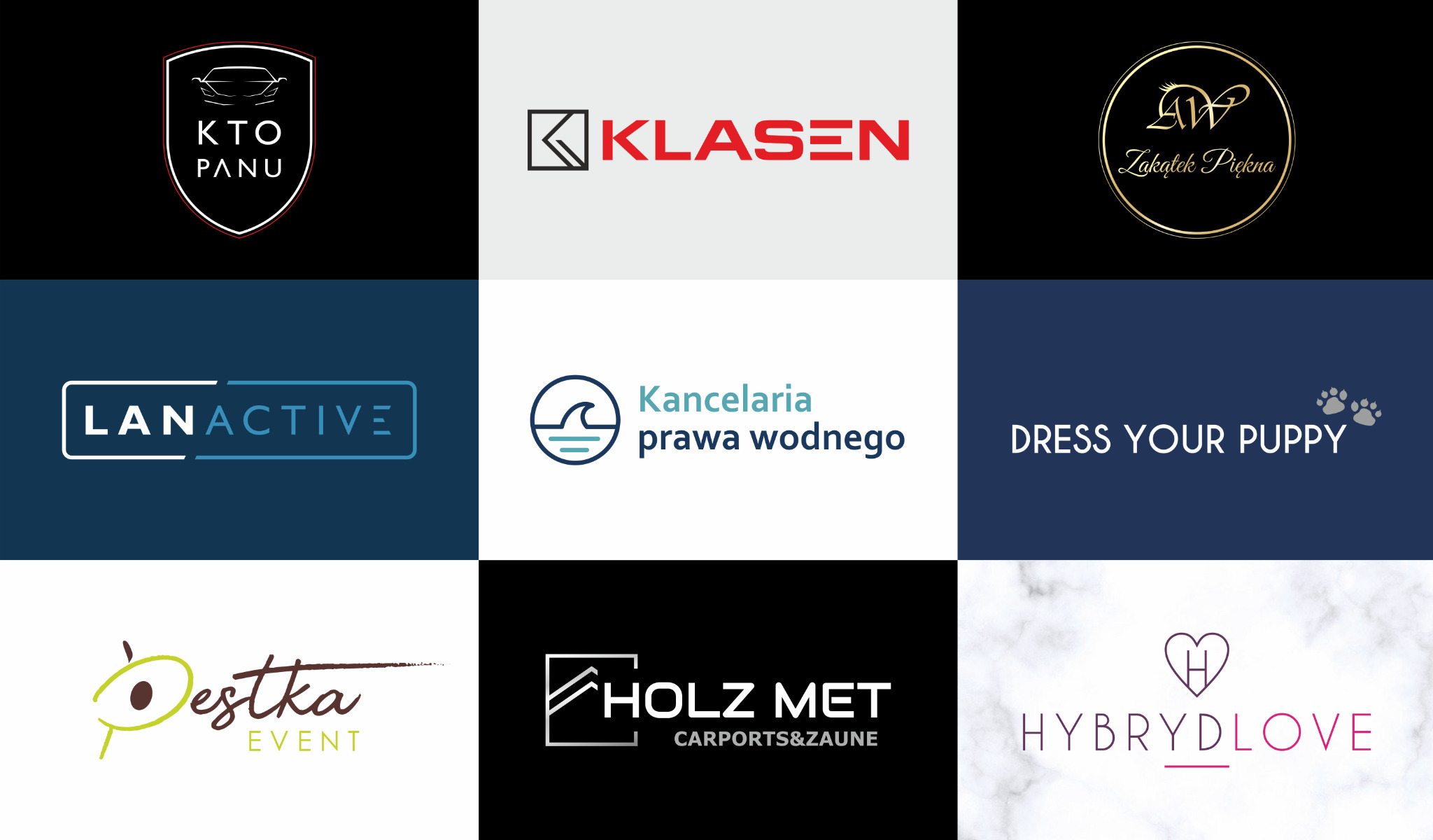 Kolekcja dziewięciu różnorodnych projektów logo, prezentujących odmienne style i branże, od restauracji i kancelarii prawnej po modę i eventy, z wykorzystaniem różnych kolorów, fontów i symboli.