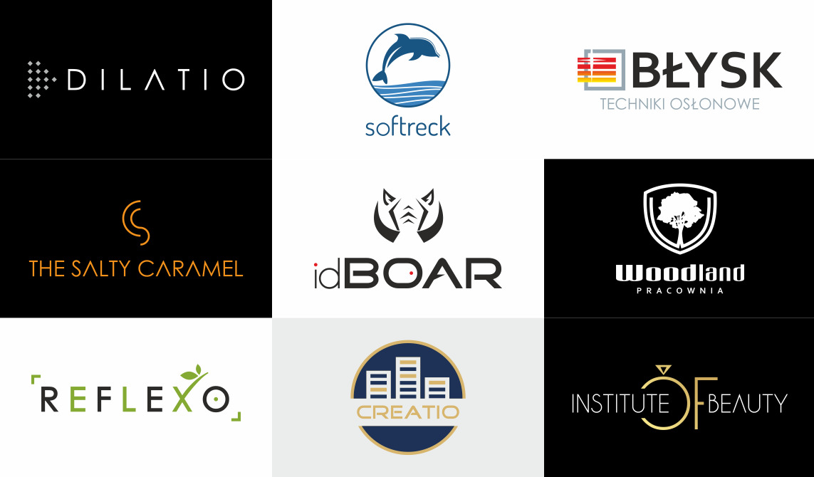 Kompilacja dziewięciu różnych projektów logo, prezentujących różnorodność stylów i branż, od minimalistycznych wzorów po bardziej złożone grafiki, na jednolitym, jasnym tle.