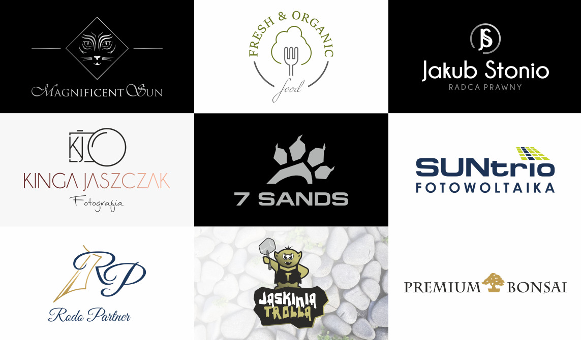 Kompilacja dziewięciu różnych logo firm, prezentujących różnorodne style i branże, od fotografii i prawa po energię słoneczną i ogrodnictwo.