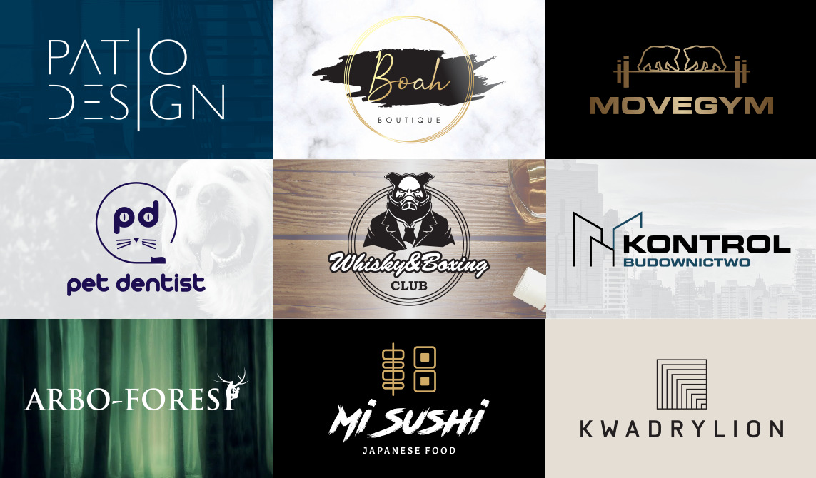 Kompilacja dziewięciu różnych projektów logo, prezentujących różnorodność stylów i branż, od projektowania wnętrz po sushi i budownictwo.