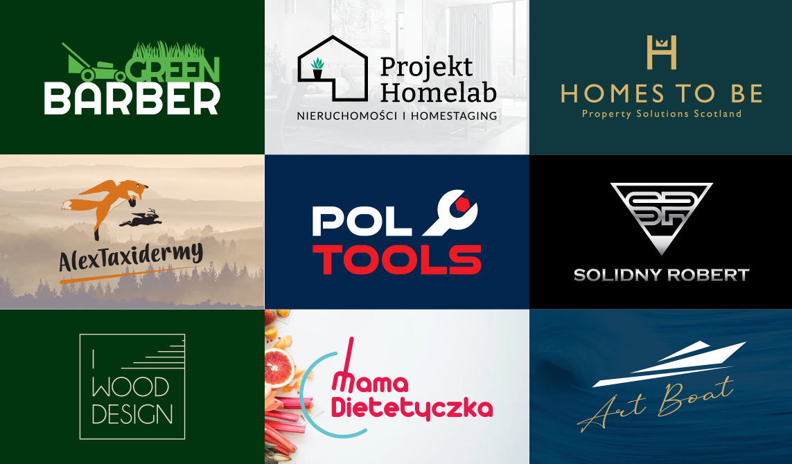 Kompilacja dziewięciu różnych logo: Green Barber z kosiarką, Projekt Homelab dla nieruchomości, Homes To Be, AlexTaxidermy z lisem i zającem, Pol Tools, Solidny Robert, Wood Design, Mama...