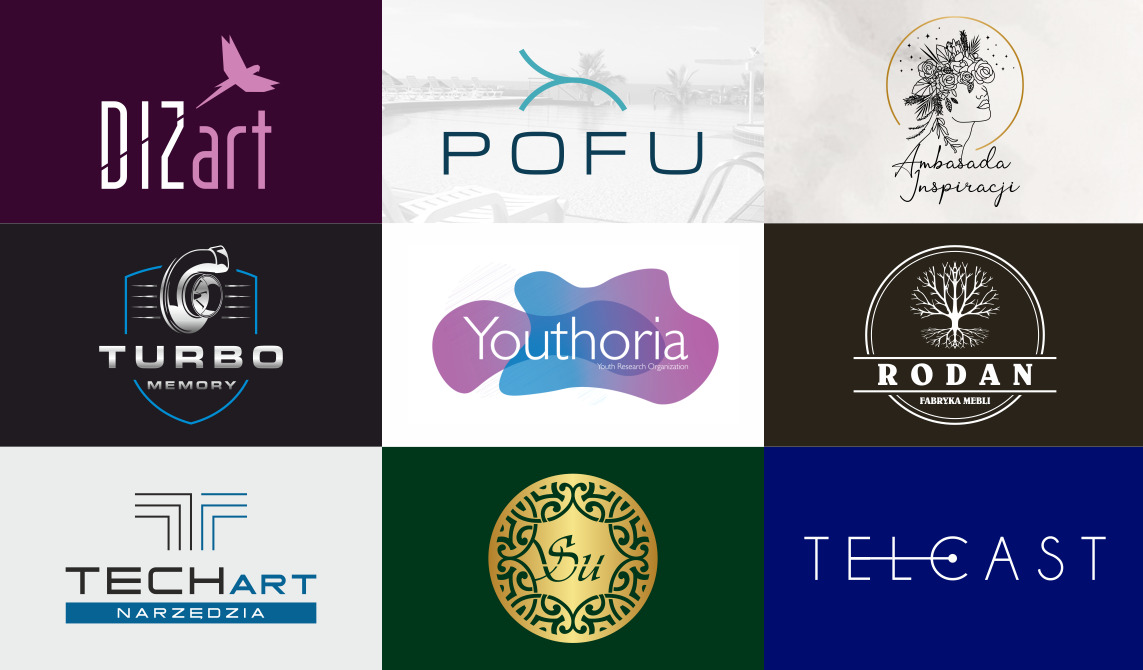 Kompilacja dziewięciu różnorodnych projektów logo, prezentujących różne style i branże, od minimalistycznych i nowoczesnych po bardziej ozdobne i ilustracyjne.