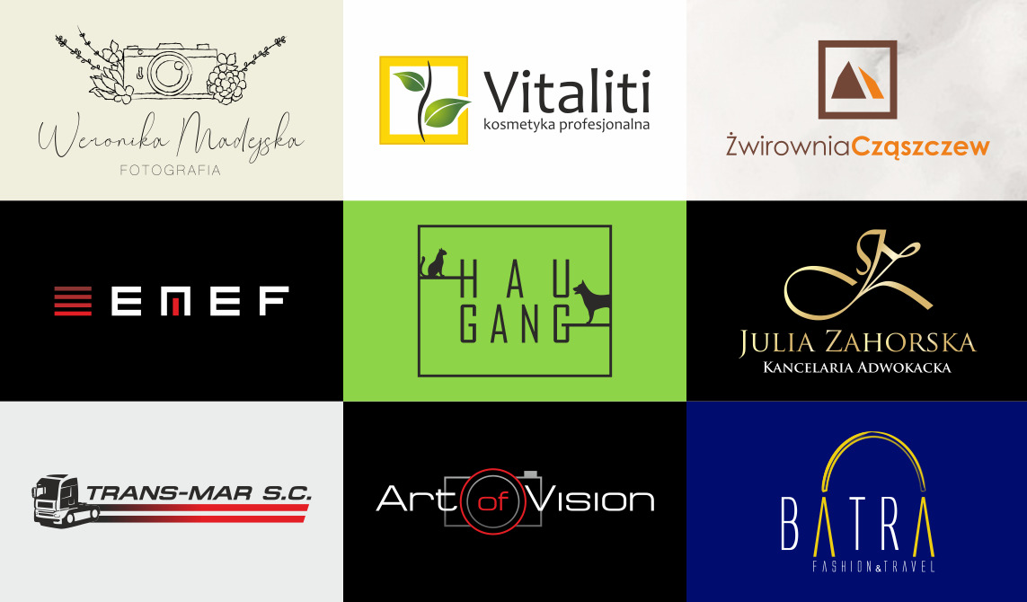 Kompilacja dziewięciu różnych projektów logo, w tym logo fotograficzne z motywem kwiatowym, logo firmy kosmetycznej z zielonymi liśćmi, logo żwirowni z geometrycznym symbolem, logo z nazwą ENEF...