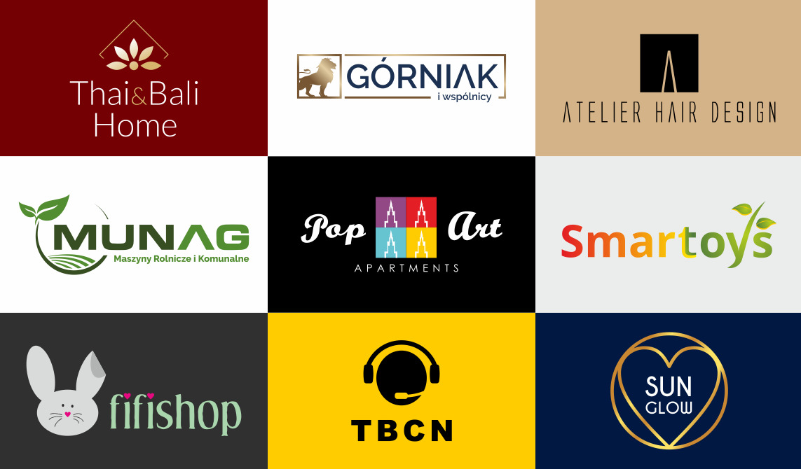 Zestaw dziewięciu różnych logotypów firm z różnych branż, każdy z unikalnym stylem, kolorystyką i typografią, prezentowanych na jednolitym tle.