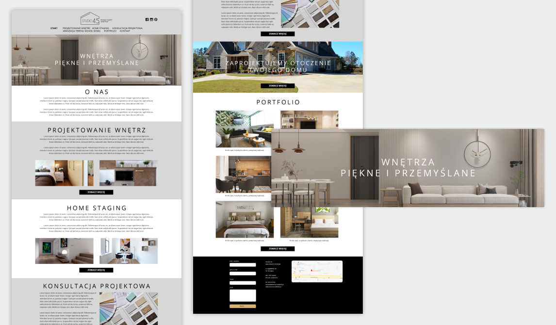 Zrzut ekranu strony internetowej prezentującej projektowanie wnętrz, z widocznymi sekcjami 'O nas', 'Projektowanie wnętrz', 'Home Staging' oraz 'Portfolio' z przykładami aranżacji.