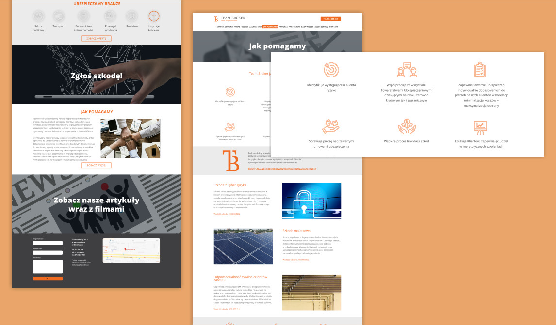 Fragment strony internetowej firmy ubezpieczeniowej Team Broker, prezentujący sekcje: Ubezpieczamy branże, Jak pomagamy, Zobacz nasze artykuły wraz z filmami, Szkoda z Cyber ryzyka, Szkoda...