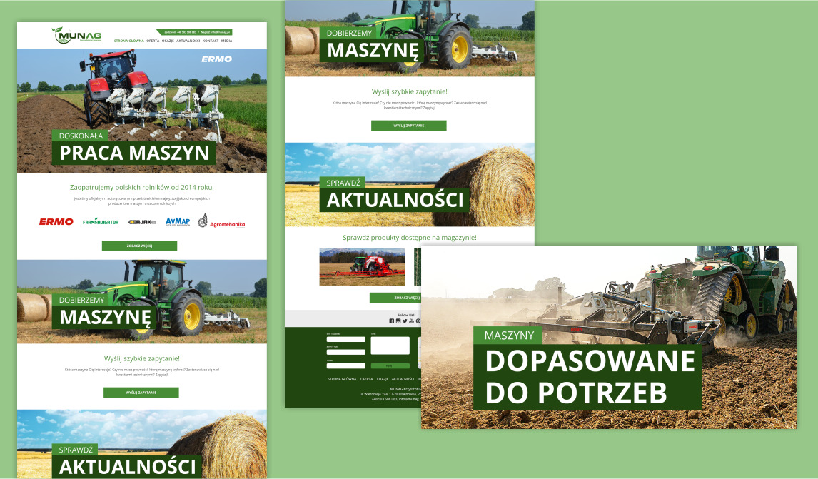 Kompozycja stron internetowych z motywem rolniczym, prezentująca ciągniki i maszyny rolnicze na tle pól i krajobrazów, z zielonymi elementami graficznymi i hasłami reklamowymi.