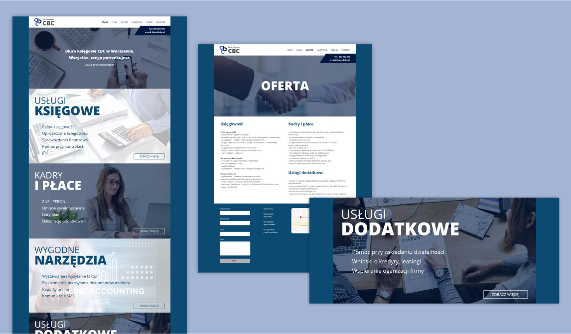 Wizualizacja responsywnej strony internetowej biura księgowego CBC z Warszawy, prezentująca ofertę usług księgowych, kadrowych i dodatkowych na różnych urządzeniach.