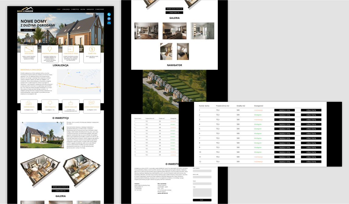 Zrzut ekranu strony internetowej prezentującej ofertę nowych domów z dużymi ogrodami, zawierającej wizualizacje 3D wnętrz, plan sytuacyjny osiedla oraz tabelę z dostępnością poszczególnych domów...