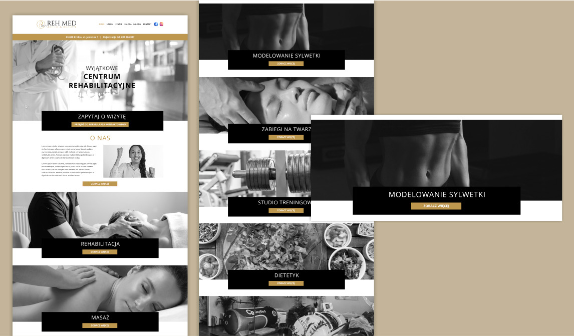 Fragment strony internetowej centrum rehabilitacyjnego z sekcjami: rehabilitacja, masaż, zabiegi na twarz, modelowanie sylwetki, studio treningowe i dietetyk, utrzymany w czarno-białej kolorystyce.