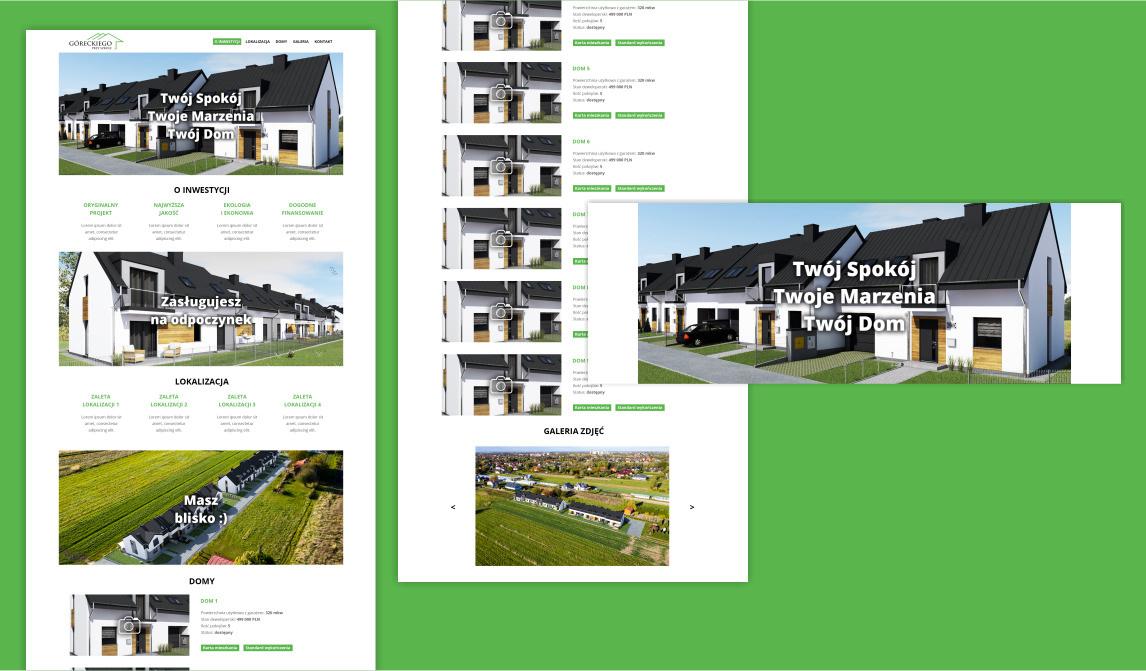 Zrzut ekranu strony internetowej prezentującej wizualizacje szeregu nowoczesnych domów jednorodzinnych z czarnymi dachami i białymi elewacjami, otoczonych zielenią, z nagłówkiem 'Twój Spokój, Twoje...