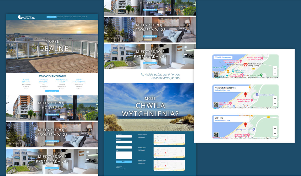 Kompozycja zrzutów ekranu strony internetowej apartamentów wakacyjnych z widokiem na morze, prezentująca różne sekcje, w tym zdjęcia apartamentów, mapy lokalizacji i formularz kontaktowy.