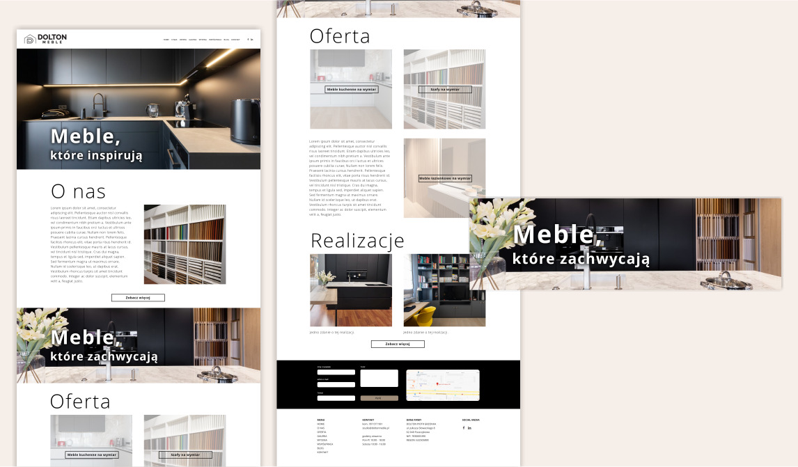 Zrzut ekranu strony internetowej prezentującej aranżacje meblowe, z elementami oferty, realizacji i sekcji 'O nas', utrzymany w minimalistycznej stylistyce z dominacją czerni i bieli.
