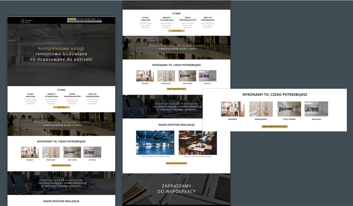 Zrzut ekranu strony internetowej firmy budowlanej, prezentujący ofertę kompleksowych usług remontowo-budowlanych, z sekcjami 'O nas', 'Wykonamy to, czego potrzebujesz' z miniaturami zdjęć...