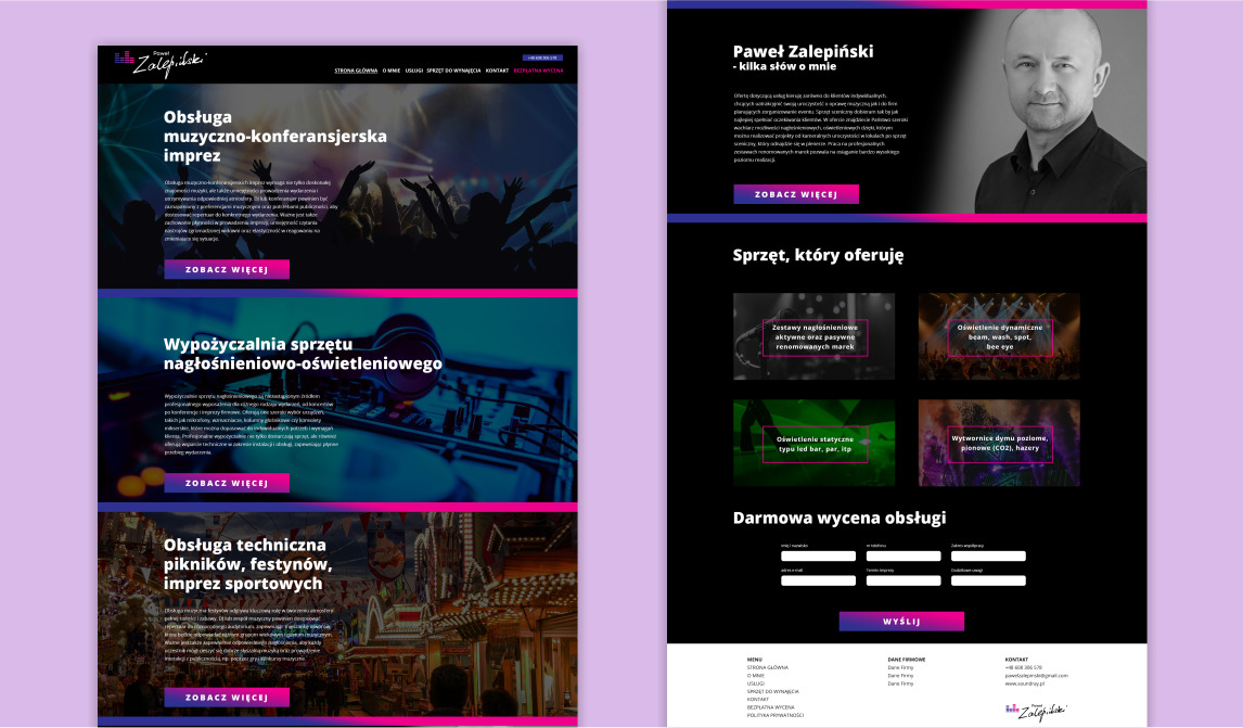 Projekt strony internetowej prezentującej ofertę firmy zajmującej się obsługą muzyczną, konferansjerską i techniczną imprez oraz wypożyczaniem sprzętu nagłośnieniowo-oświetleniowego, z widocznym...