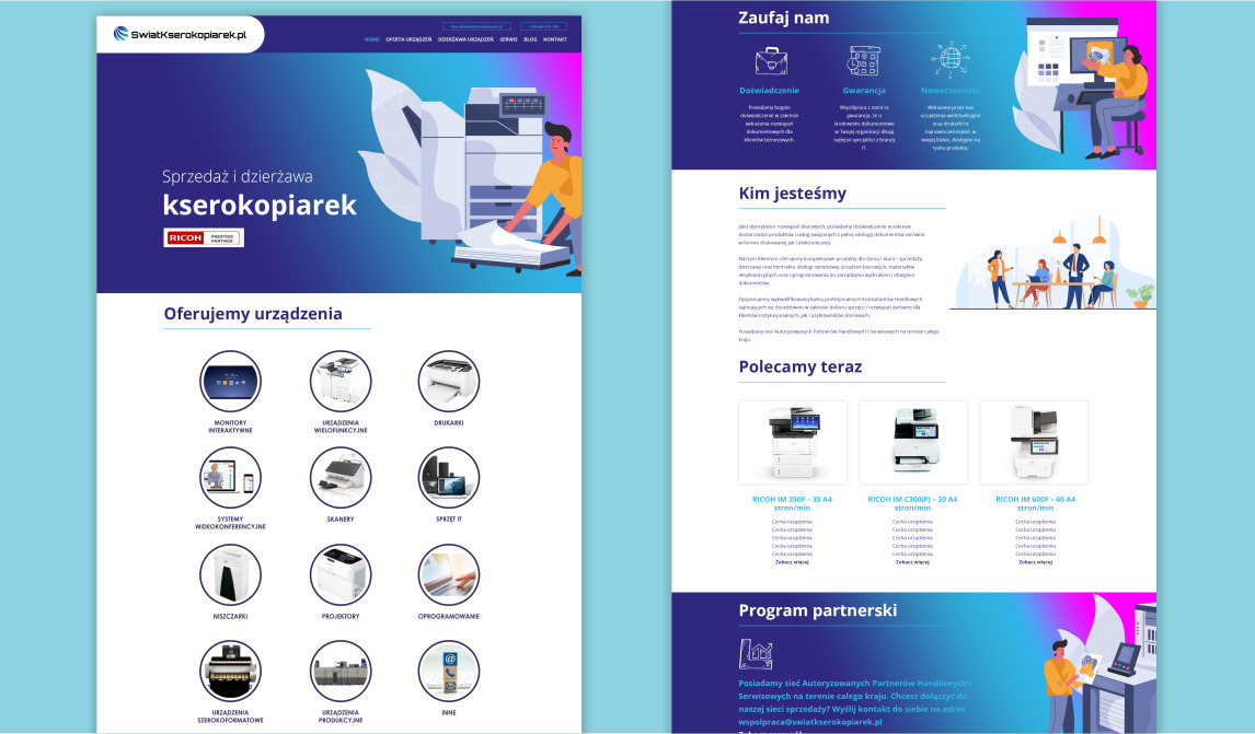 Strona internetowa firmy oferującej sprzedaż i dzierżawę kserokopiarek, z ilustracjami urządzeń biurowych, monitorów interaktywnych, drukarek, skanerów i systemów wideokonferencyjnych.