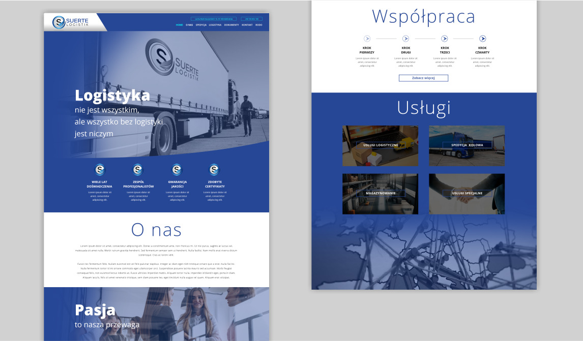 Projekt strony internetowej firmy logistycznej Suerte Logistik, z widocznym fragmentem strony głównej prezentującym logo, hasło i zdjęcie ciężarówki, oraz sekcją usług z miniaturami i nagłówkami.