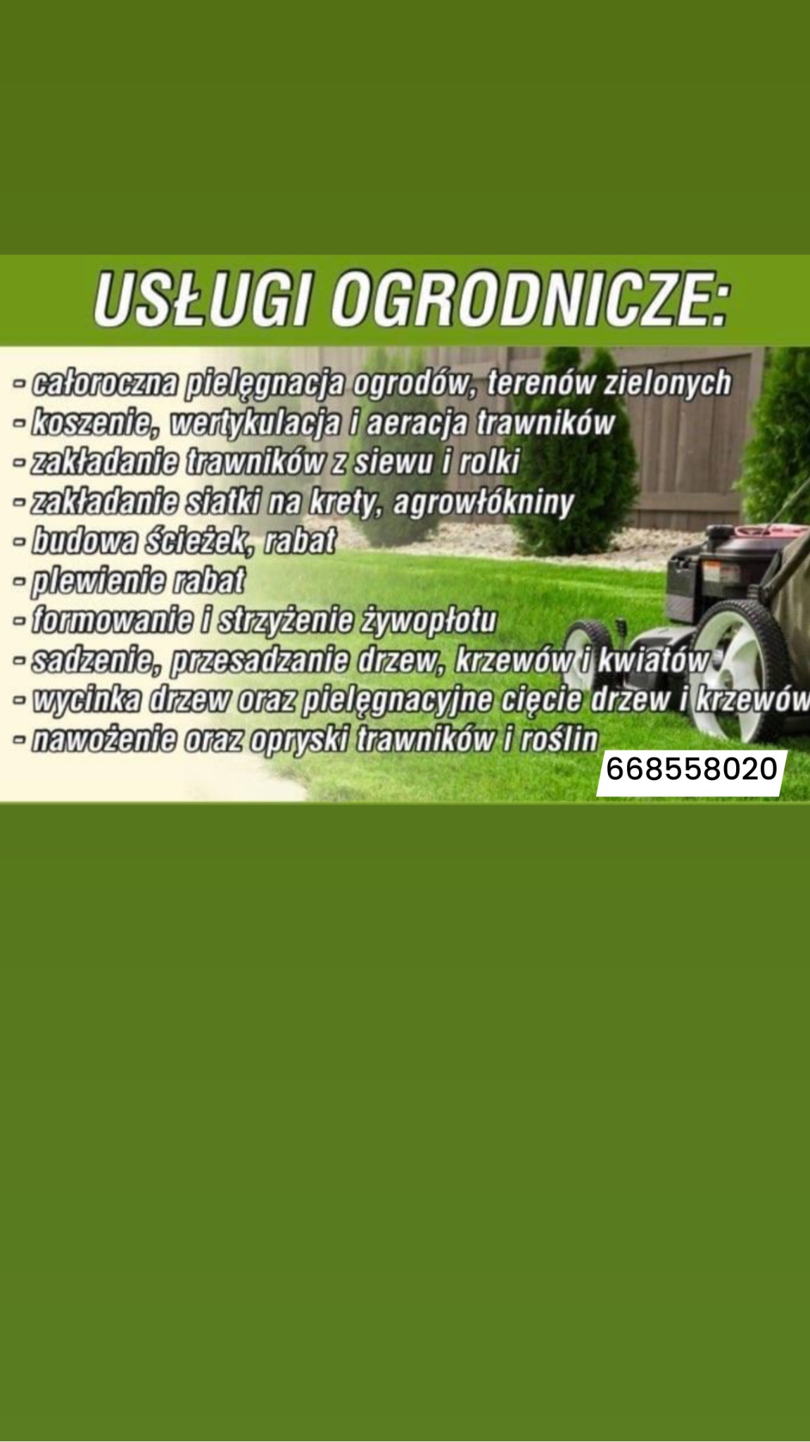 Grafika reklamowa z listą usług ogrodniczych, w tle trawnik, tuje i kosiarka do trawy.