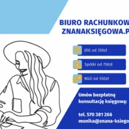 Grafika reklamowa biura rachunkowego z ofertą dla JDG, spółek i NGO, z ilustracją kobiety pracującej na laptopie.