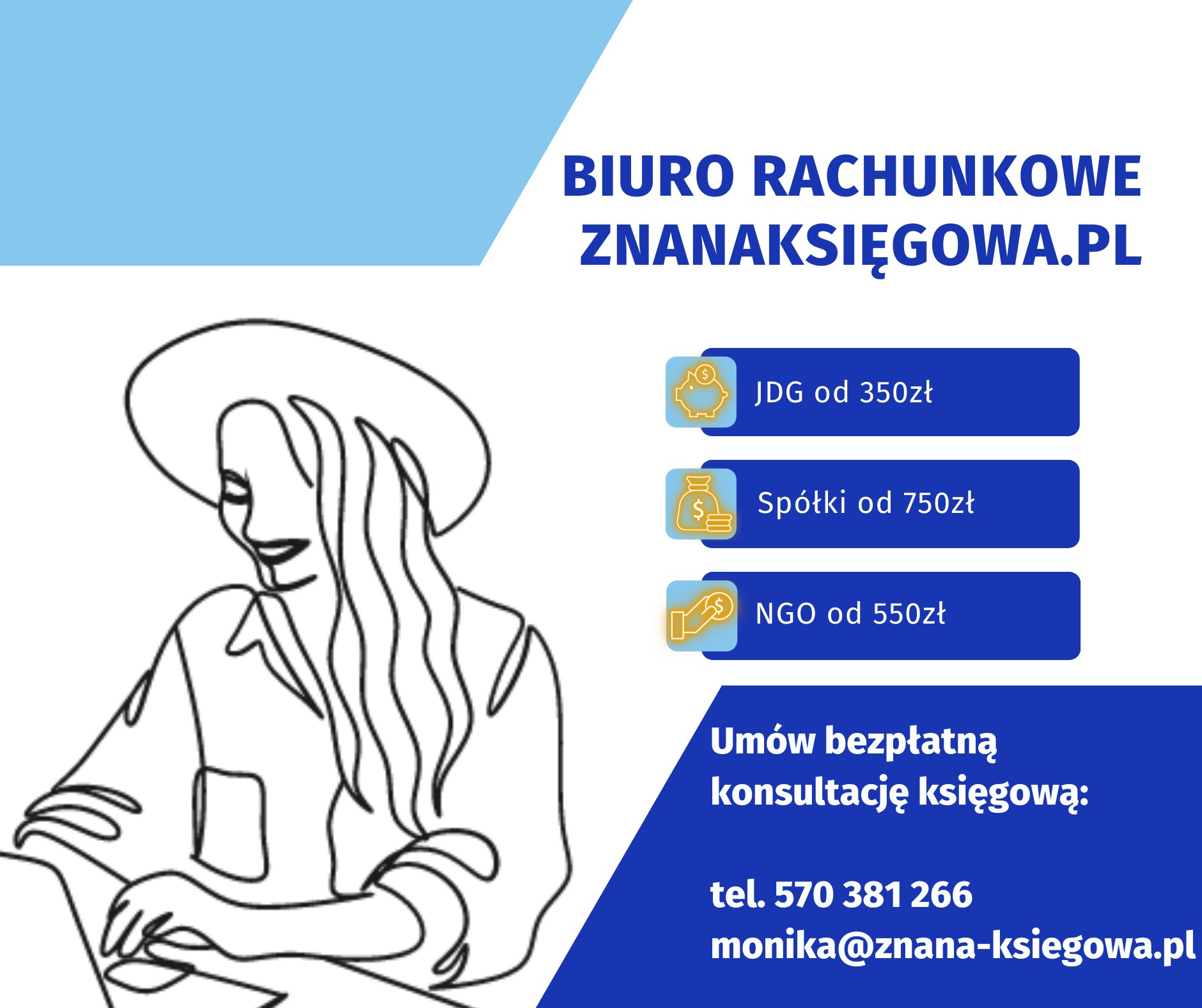 Grafika reklamowa biura rachunkowego z ofertą dla JDG, spółek i NGO, z ilustracją kobiety pracującej na laptopie.