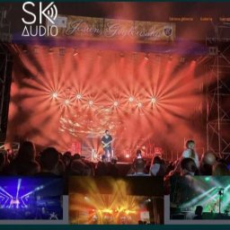 Perfectpixel - Responsywna strona internetowa prezentująca koncert na żywo z widoczną sceną, oświetleniem i publicznością, w tle logo SK Audio i nazwa artysty.