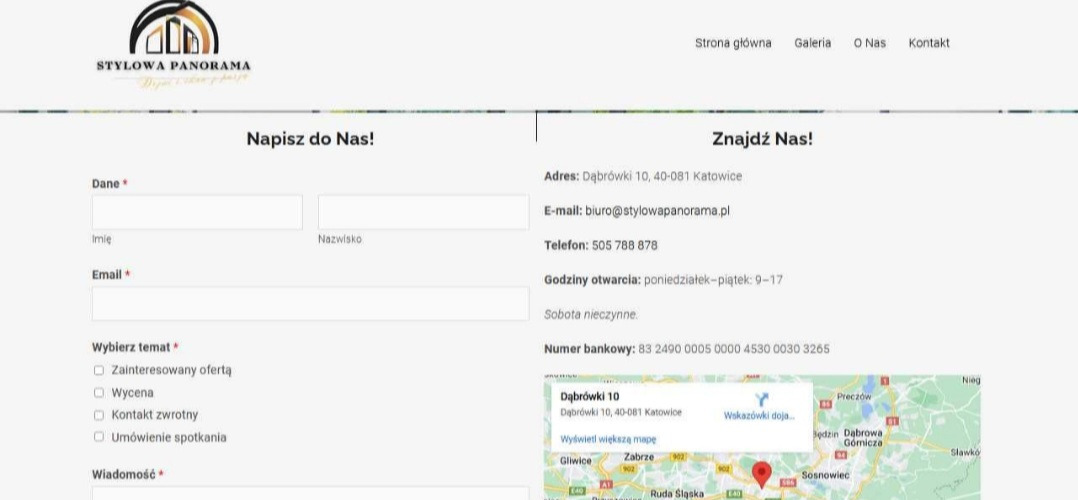 Formularz kontaktowy na stronie internetowej firmy z adresem, e-mailem, telefonem i mapą dojazdu do biura w Katowicach.