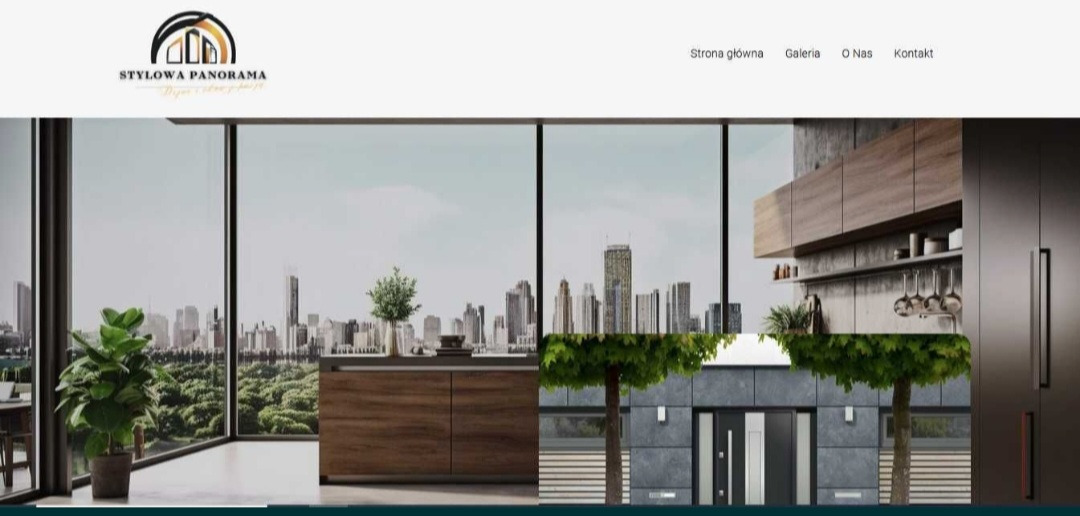 Strona internetowa firmy 'Stylowa Panorama' z widokiem na panoramę miasta w tle, prezentująca nowoczesne wnętrza i wejście do budynku.