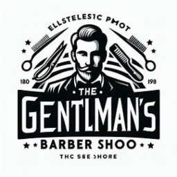 Czarno-biała grafika przedstawiająca wizerunek mężczyzny z wąsami w stylu retro, otoczonego elementami fryzjerskimi jak nożyczki i grzebienie. Całość wkomponowana w kompozycję przypominającą...