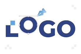 Graficzna ilustracja procesu tworzenia logo: niebieski napis 'LOGO' z piórem graficznym nad literą 'O' i punktami kontrolnymi wektorów.