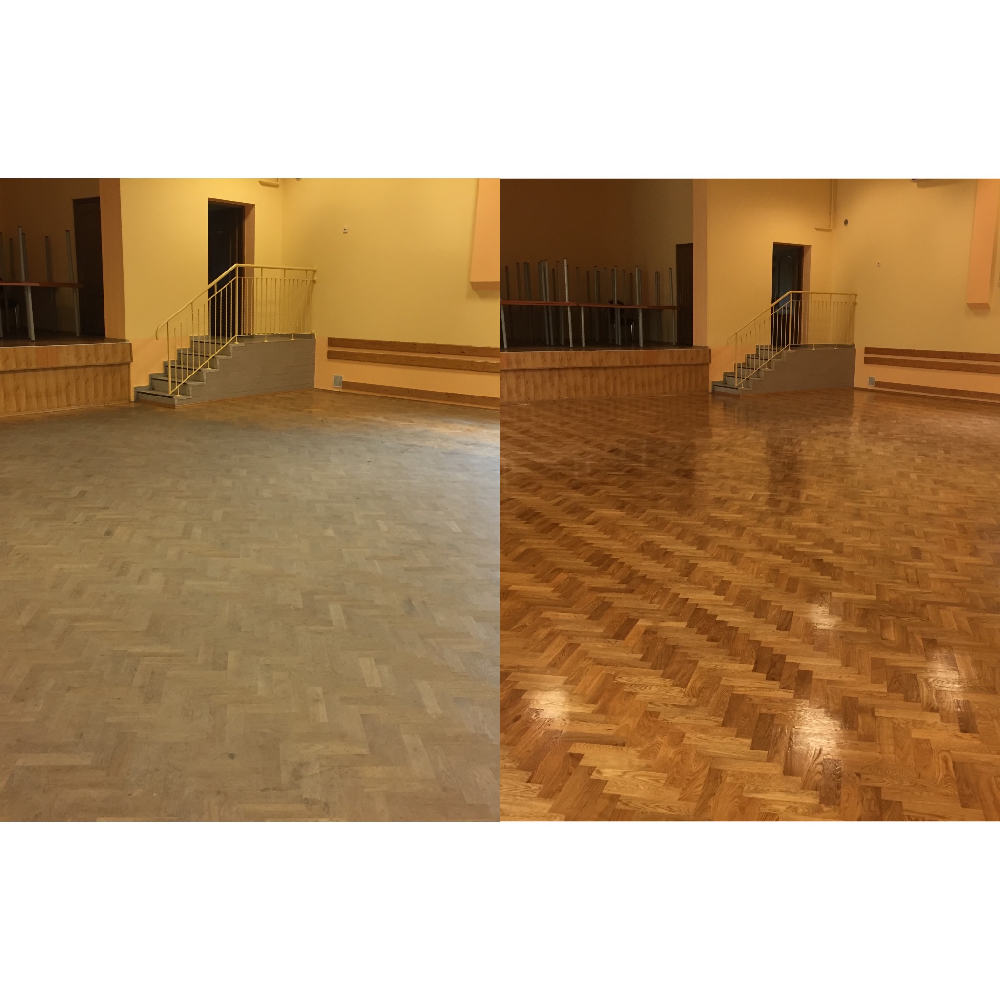 Sala z parkietem ułożonym w jodełkę, na lewej połowie widoczny stan przed renowacją, a na prawej po zabiegach wygładzających i polerujących.