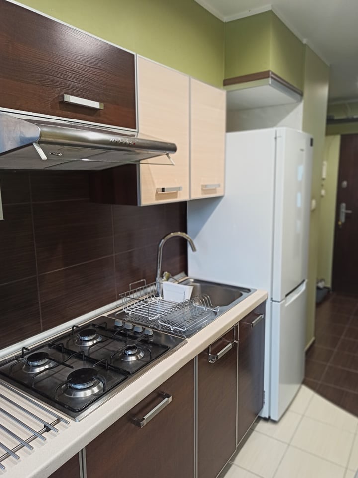 Nowoczesna kuchnia w Warszawie: brązowo-beżowe szafki, stalowy okap i płyta gazowa. Widoczny zlew i suszarka. Ściany w odcieniach zieleni, biała lodówka.