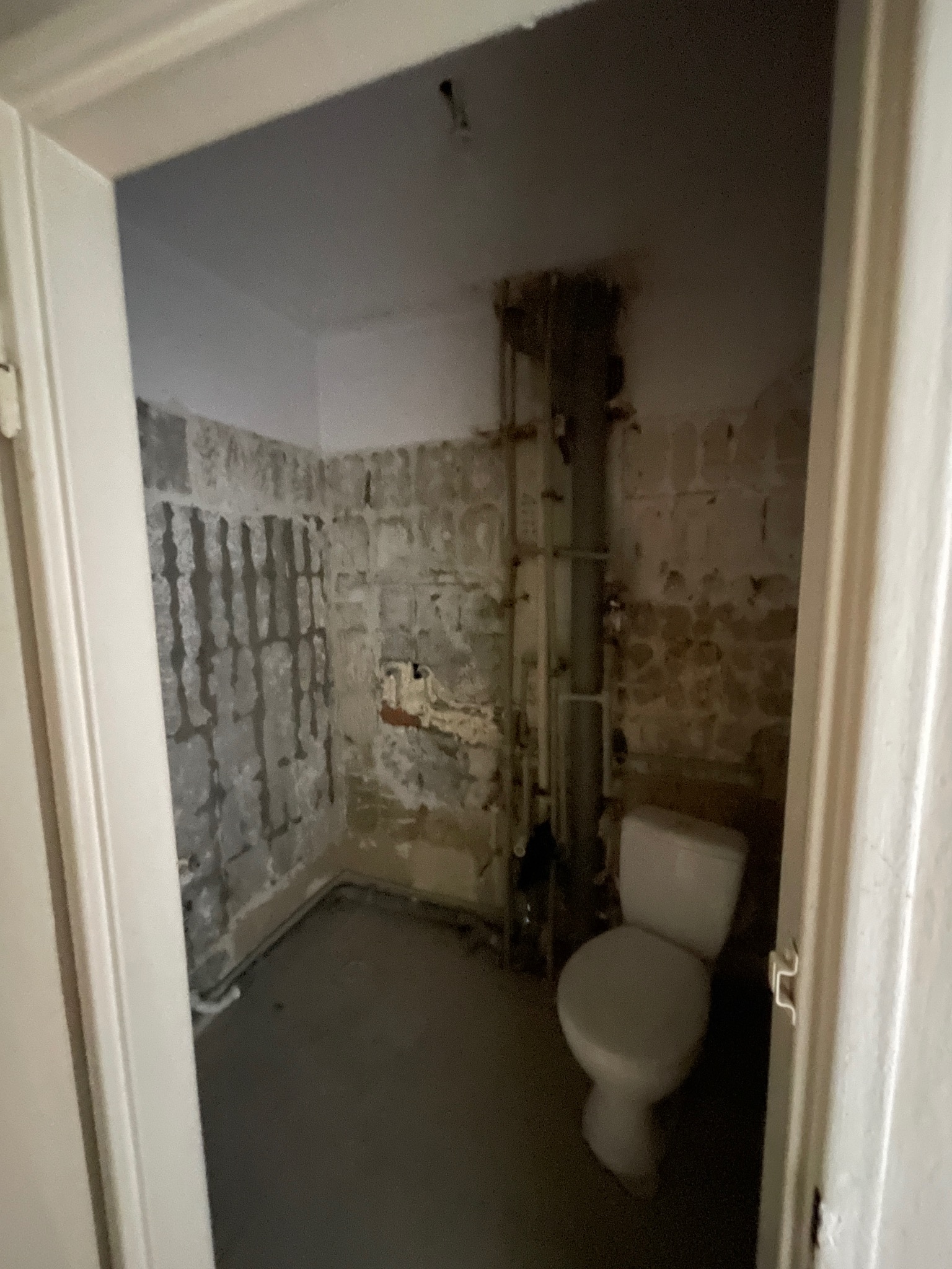 Łazienka w trakcie remontu: ściany bez płytek, widoczne rury i toaleta. Przygotowanie do dalszych prac wykończeniowych. Widok zza futryny drzwi.