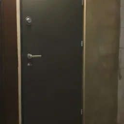 Ciemnoszare drzwi antywłamaniowe z srebrną klamką i zamkiem, osadzone w ościeżnicy z surowego betonu, na tle szarej podłogi i ściany wyłożonej płytkami.