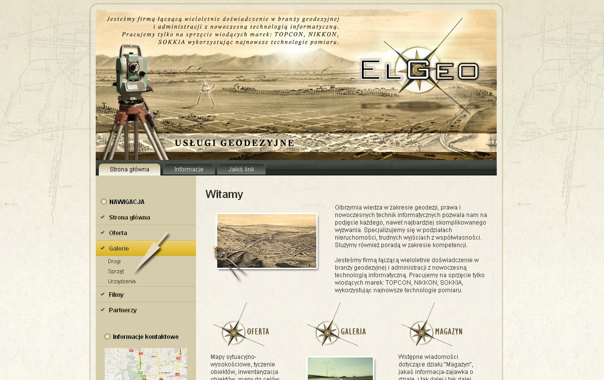 Strona internetowa firmy geodezyjnej Elgeo z widocznym teodolitem na tle panoramy miasta i logo firmy.