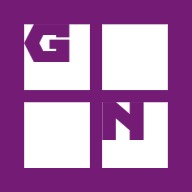Fioletowe logo z białymi literami GN w czterech kwadratach, stylizowane i nowoczesne.