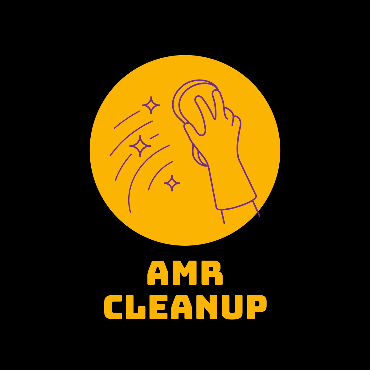 Grafika wektorowa przedstawia dłoń w fioletowej rękawicy trzymającą gąbkę wewnątrz żółtego okręgu, z fioletowymi liniami symbolizującymi czyszczenie i gwiazdkami, poniżej napis 'AMR CLEANUP'...